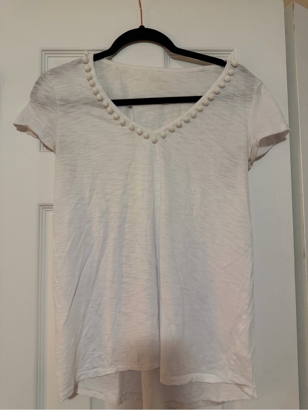 Lilly Pulitzer White V-Neck Short Sleeve Top with Pom Trim